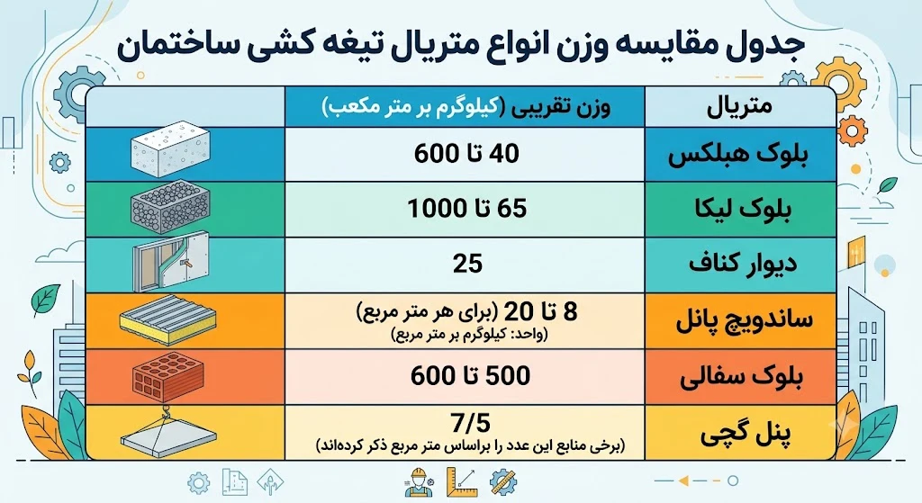 جدول مقایسه وزن انواع متریال تیغه کشی ساختمان 